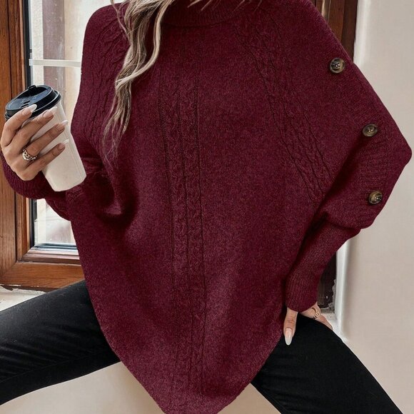 Burgundy Casual Womens Turtleneck Batwing Sleeve Button Detail Poncho Sweater - Picture 3 of 7